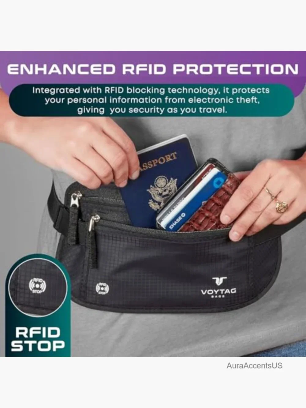 RFID Blocking Travel Money Belt & Passport Holder Slim Fanny Pack Secure Pouch